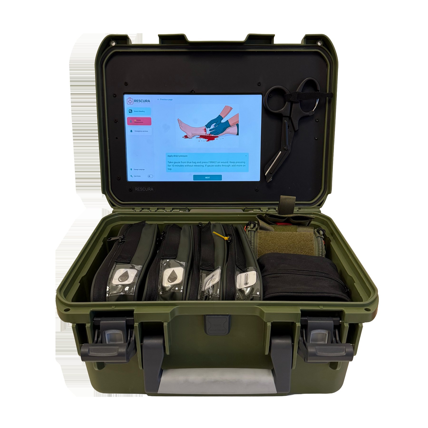 ResCura Tactical — Field variant: military olive green kit for last-mile defence operations